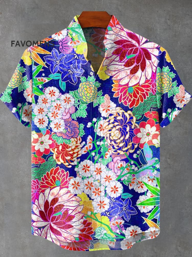 Japanese Flowers Vintage Print Casual 100% Cotton Shirt Multicolor / S