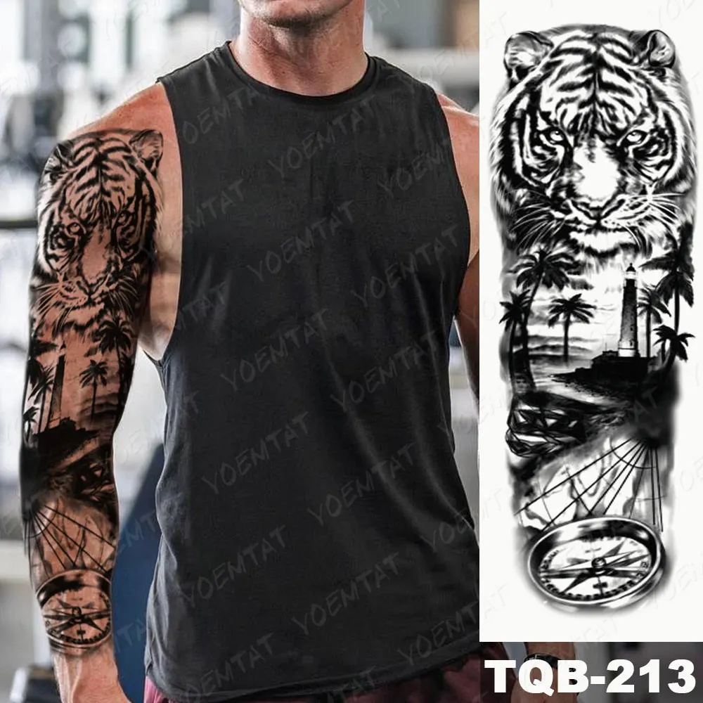 Large Arm Sleeve Tattoo Bird Crow Forest Moon Waterproof Temporary Tatto Sticker Lion Wolf Clock Body Art Full Fake Tatoo Men