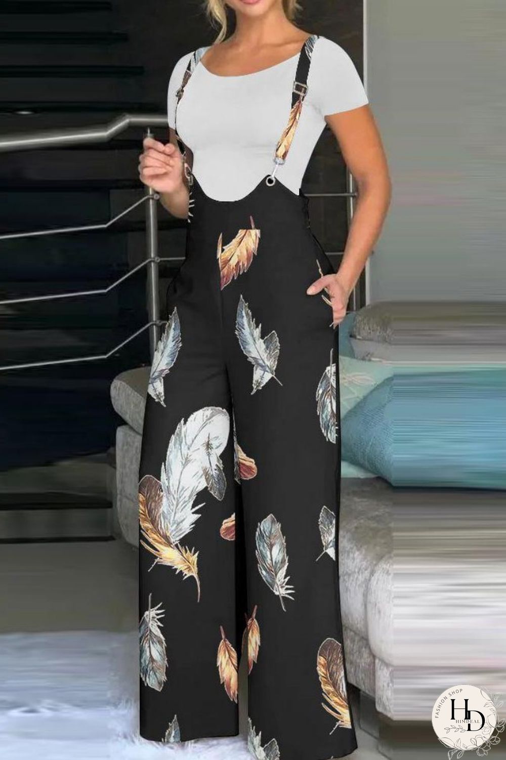 Blue Casual Print Patchwork Spaghetti Strap Regular Jumpsuits (Without Shirt)