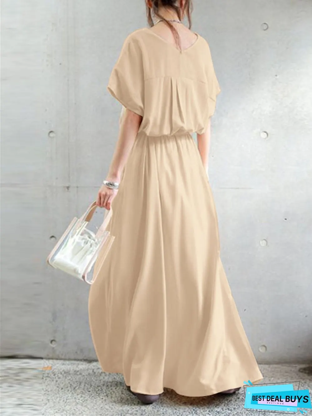 V-Neck Lace Up Waist Closed Short Sleeve Large Swing Loose Extra Long Floor Skirt Dress