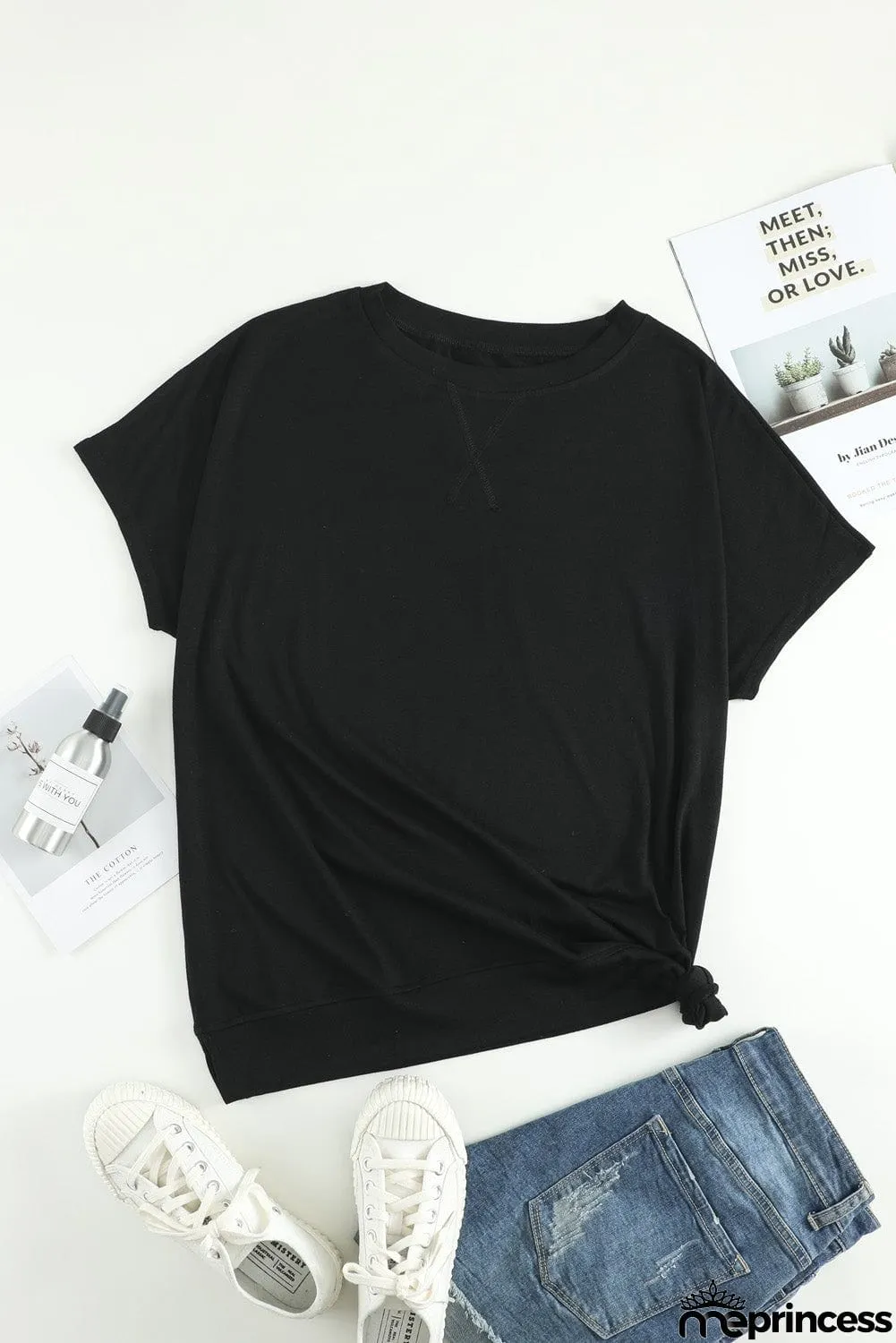 Round Neck Short Sleeve Solid Color Tee