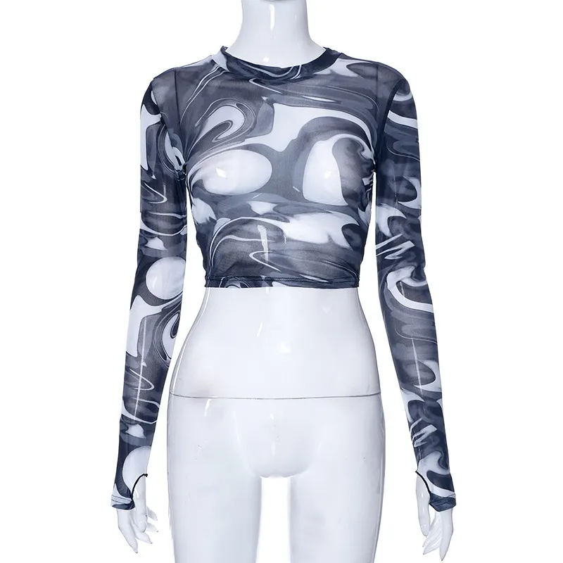 Churchf Spring New Round Collar Cover Print Open-Umbil Umbilical Cover Finger Long-Sleeved Casual Women's Top Sales