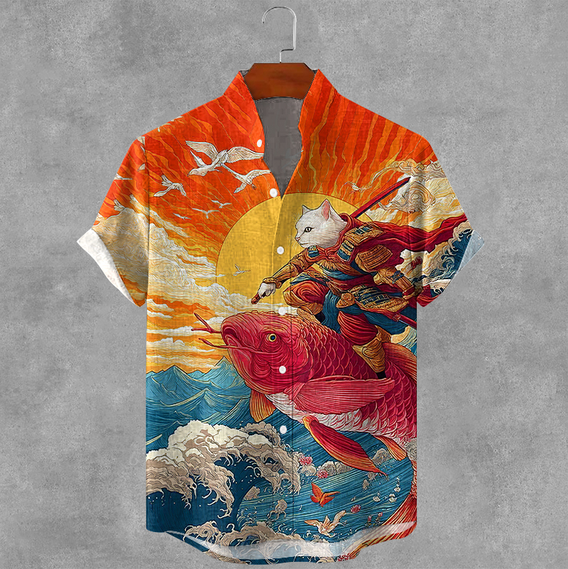 Men's Warrior White Cat Riding A Koi Japanese Art Print Short Sleeve Shirt  artssus