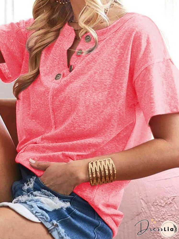 Women's T-Shirts Loose Solid Button Short Sleeve T-Shirt