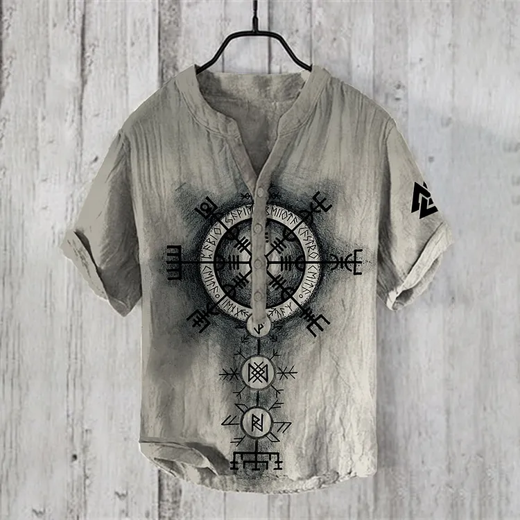 Men's Tribal Viking Art V Neck Casual Linen Blend Shirt