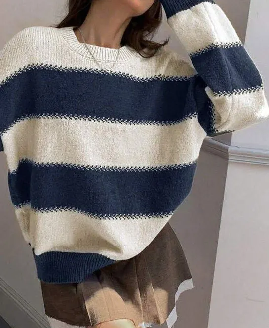 Nigikala Nigikala Wind Stripe Bumpy Long-Sleeved Knitted Shirt Women's Autumn Collar Collar Temperament Top Sweater