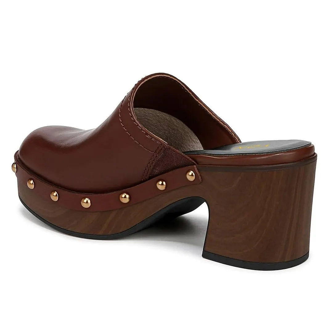 Women's Brown Round Toe Studded Block Heel Platform Mules Shoes