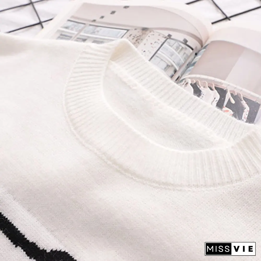 Cartoon Bear Pattern Stripe Sleeve Knit Sweater