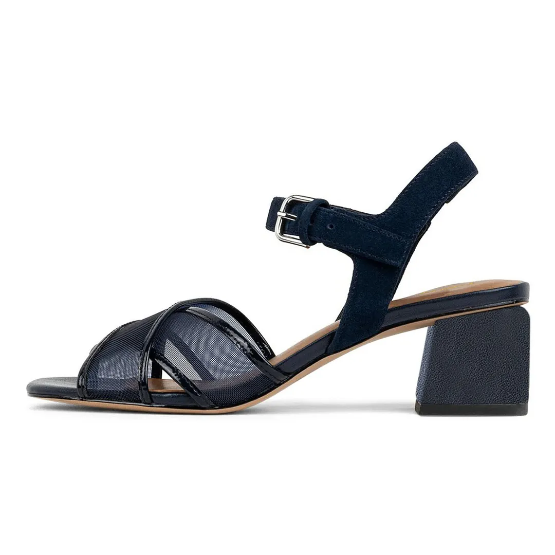 Simple Navy Mesh Patchwork Open Square Toe Strap Heels Sandals