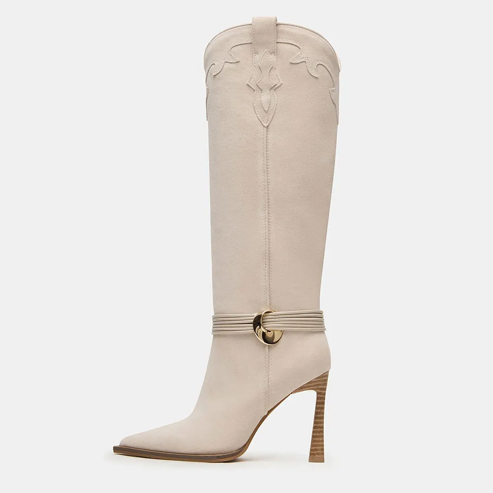 Ivory Pointed Toe Patchwork Knee High Heel Cowgirl Boots with Ring