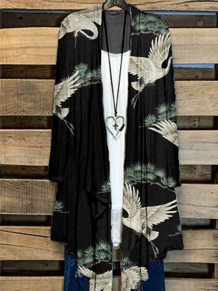 Japanese Cranes & Pine Art Pattern Flowy Cardigan