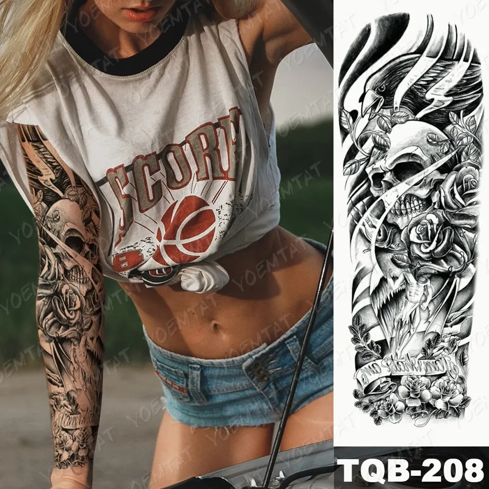 Large Arm Sleeve Tattoo Bird Crow Forest Moon Waterproof Temporary Tatto Sticker Lion Wolf Clock Body Art Full Fake Tatoo Men