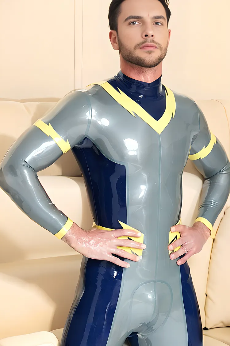 Men Latex Catsuits Male Lightning Bolt Back Zip Catsuit Superhero Style Creative Grey Catsuit- Silver & Blue cosplay