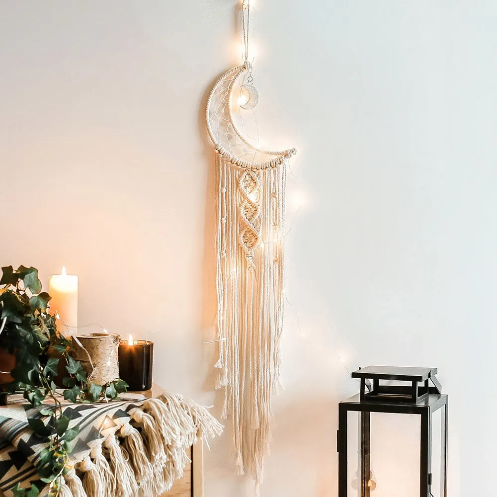 Moon Star Macrame Dream Catcher Wall Hanging Boho Room Decor Kids Girls Home Decoration With Led Light Gifts Dropshipping