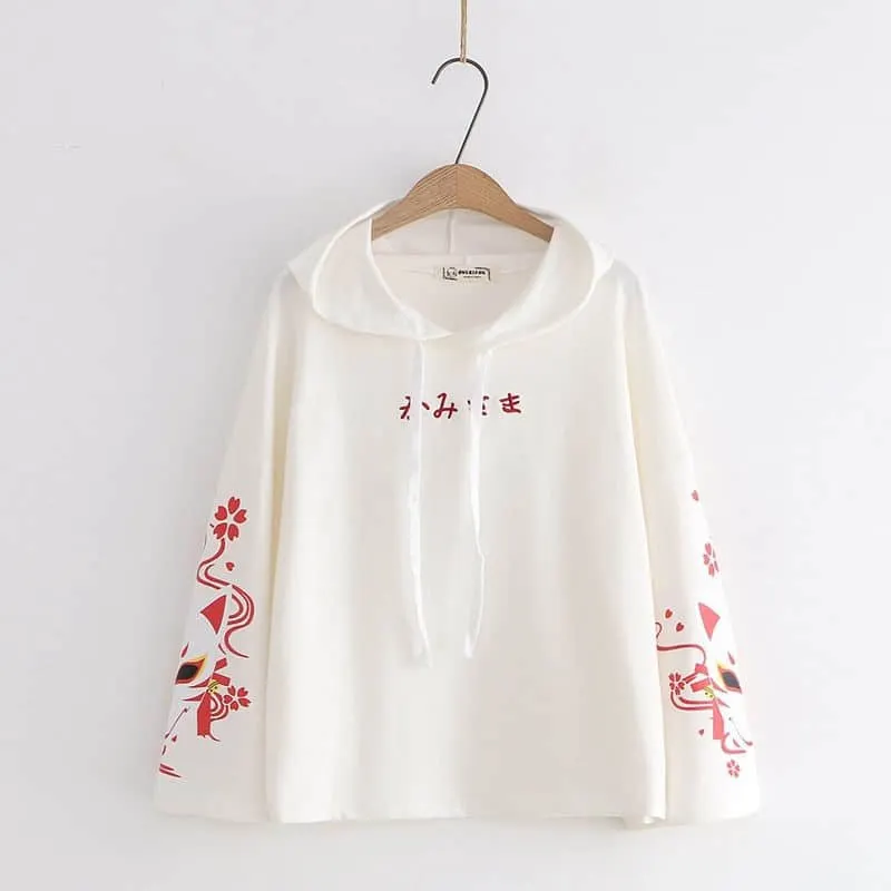 NiceMix Girl Loose Hooded Long sleeve Sweatshirt Harajuku Kawaii Vintage Fushimi Inari Shrine Fox Printed Hoodies Leisure Pullov