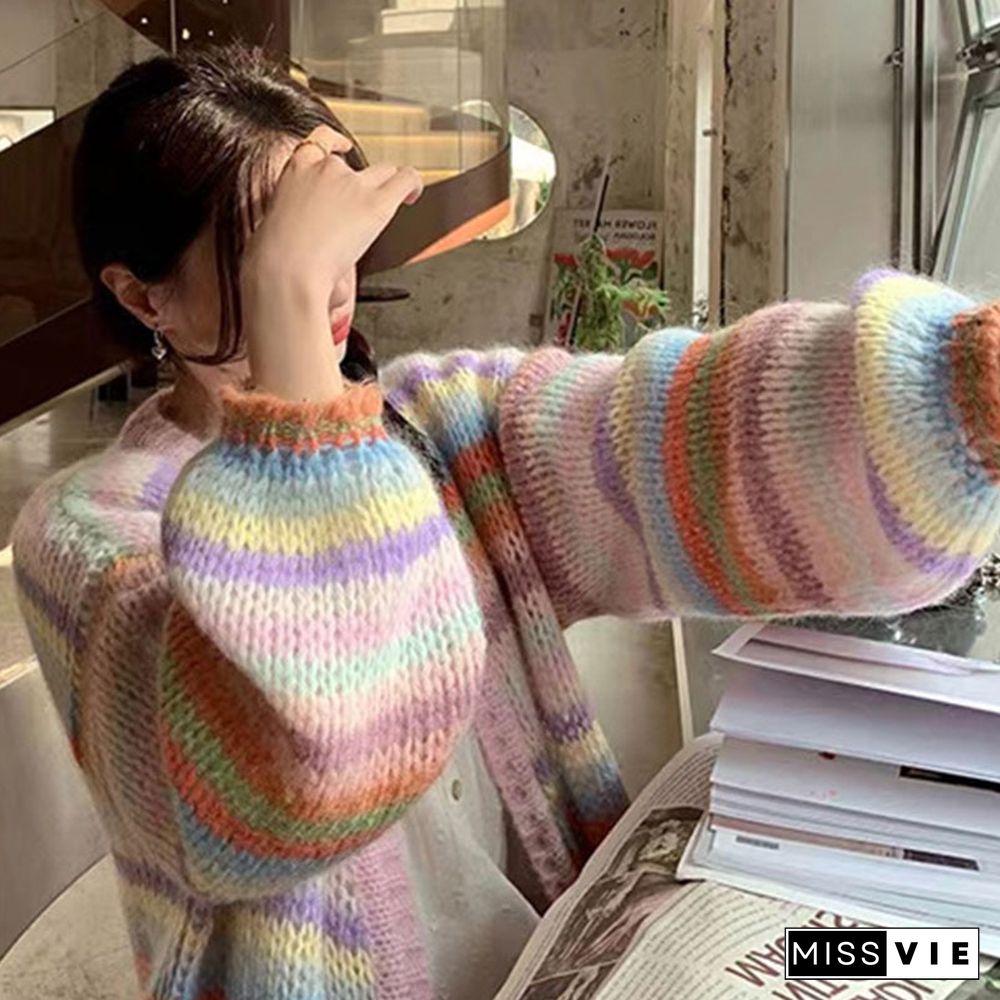 Colorblock Stripe Rainbow Knit Cardigan Sweater