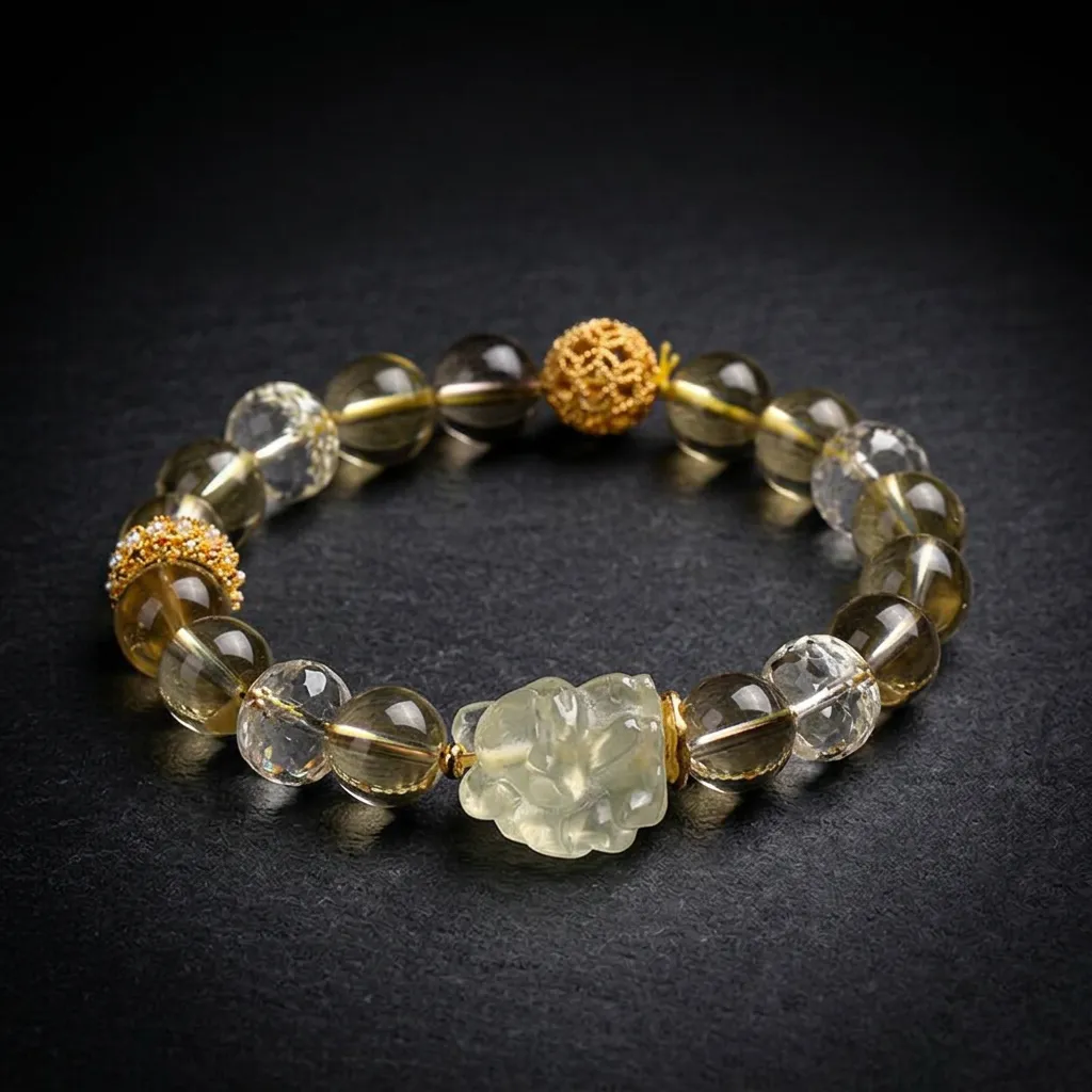 JiStones Celestial Aura: Natural Citrine Nine-Tailed Fox Bracelet Golden Celestial Fox