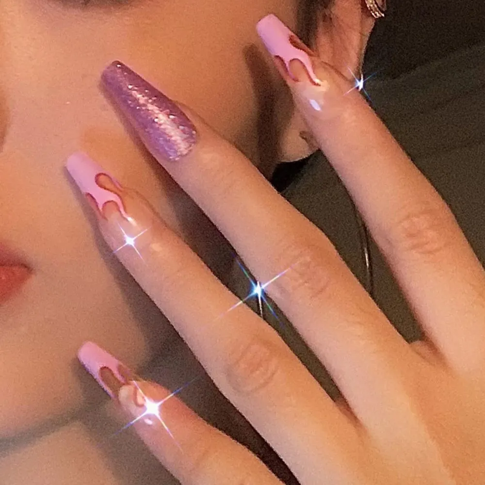 Detachable Marble Gradient Long Coffin False Nails Wearable Gold Foil Ballerina Fake Nails Full Cover Nail Tips Press On Nails