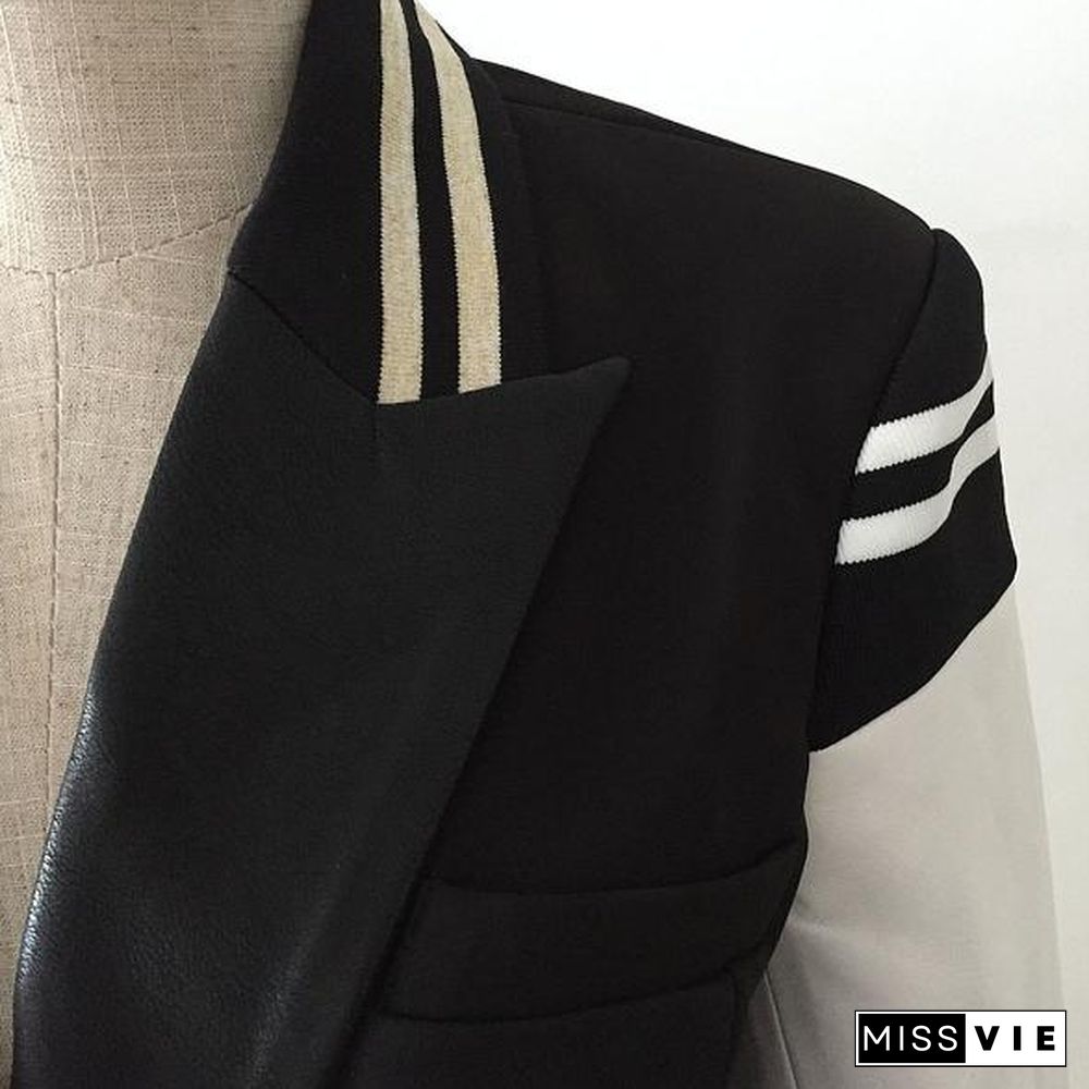 Naval Varsity Stripes Color Block Leather Blazer Jacket