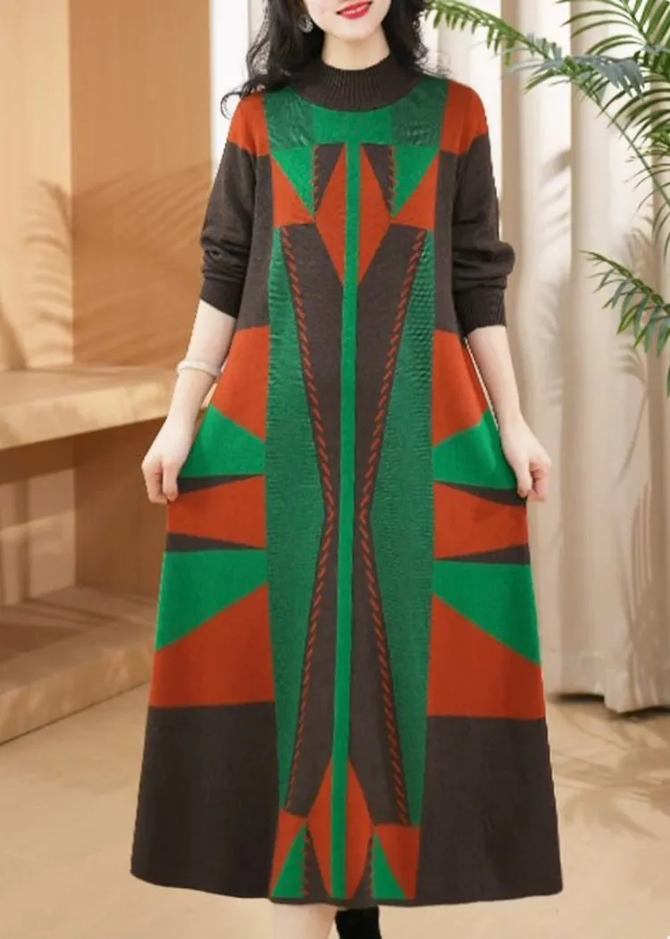 Chic Green O Neck Geometric Woolen Long Knit Dress Winter