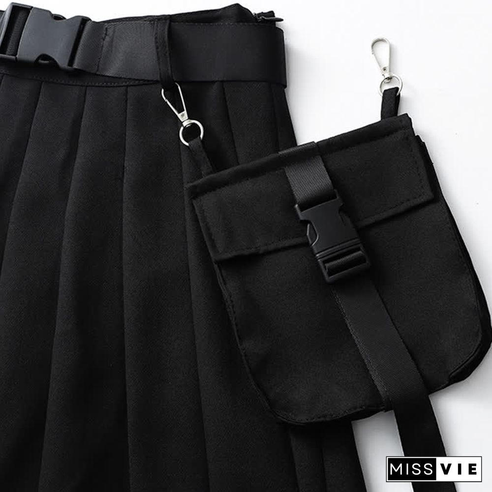 Gothic Off The Shoulder Buckle Strap Zipper Crop Top Belted Pleated Skirt
