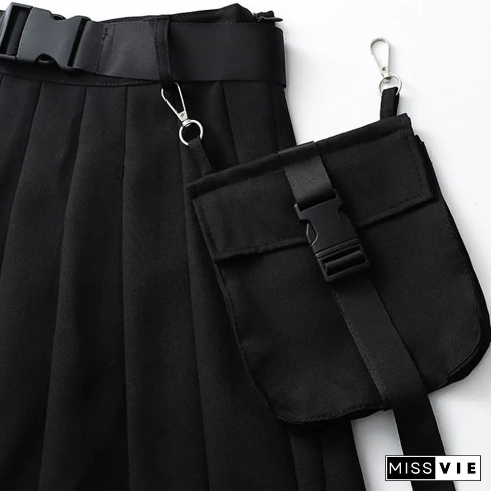 Gothic Off The Shoulder Buckle Strap Zipper Crop Top Belted Pleated Skirt