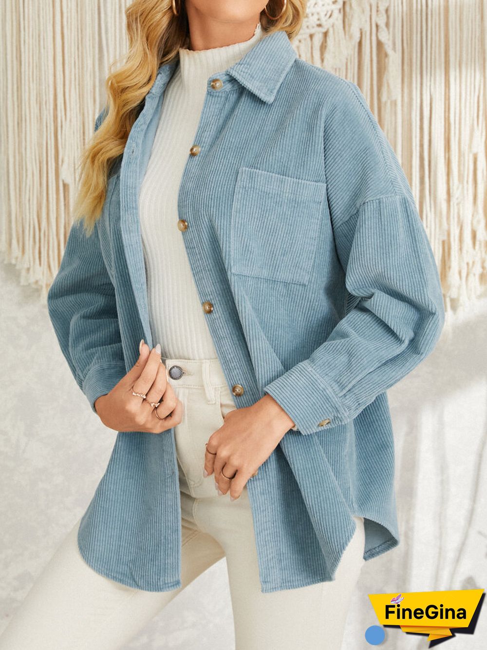 Corduroy Ribbed Solid Pocket Button Lapel Long Sleeve Jakcet