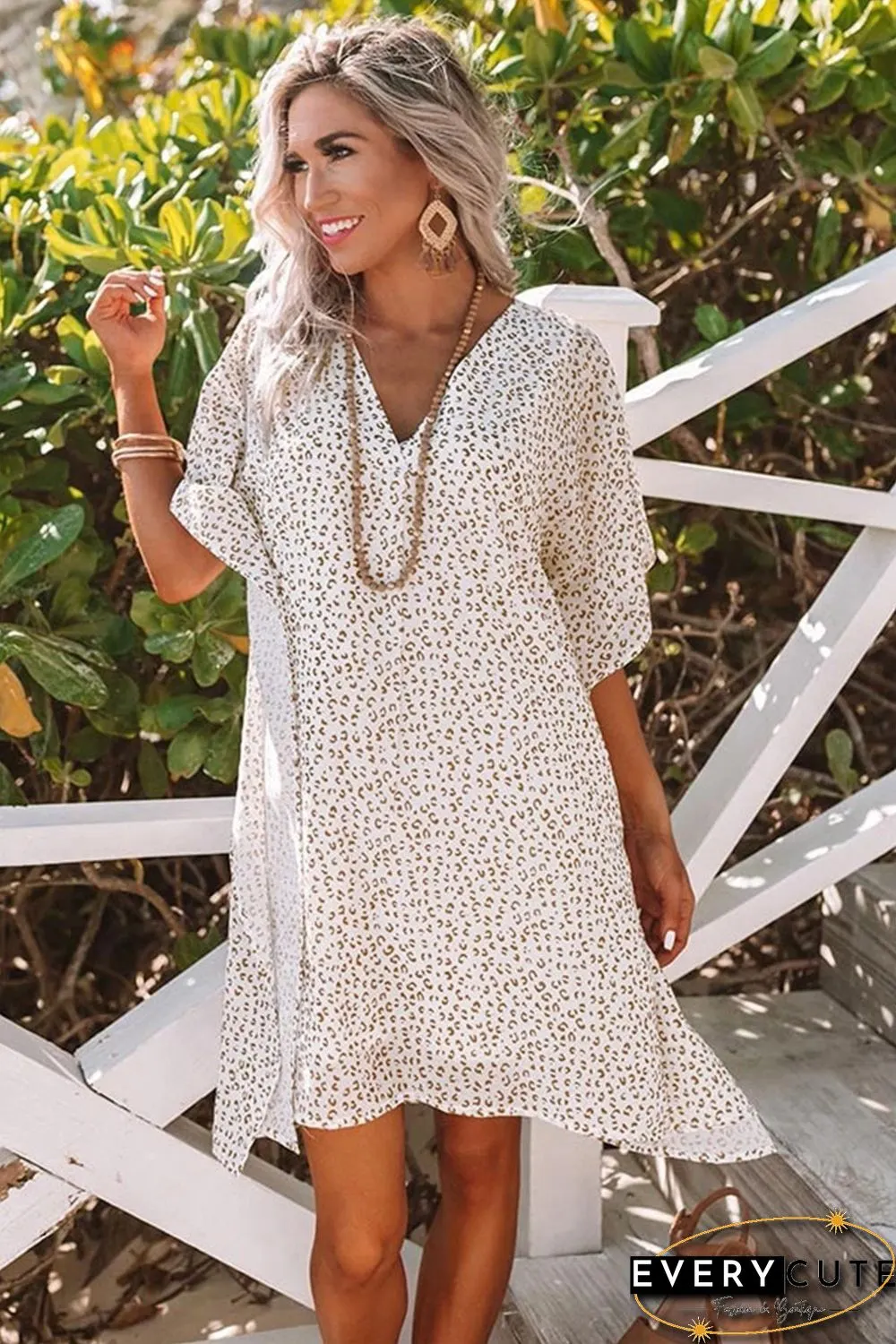 White Loose Fit V Neck Leopard Print Shift Mini Dress