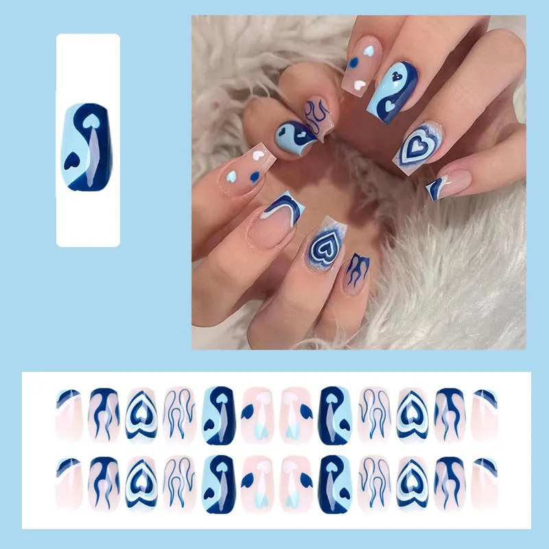 24pcs/box Blue Dye With Sequins Decorated press on nail tips Frosted Square Head Short Wearable Full Cover fake nails with glue-Nail Inspo