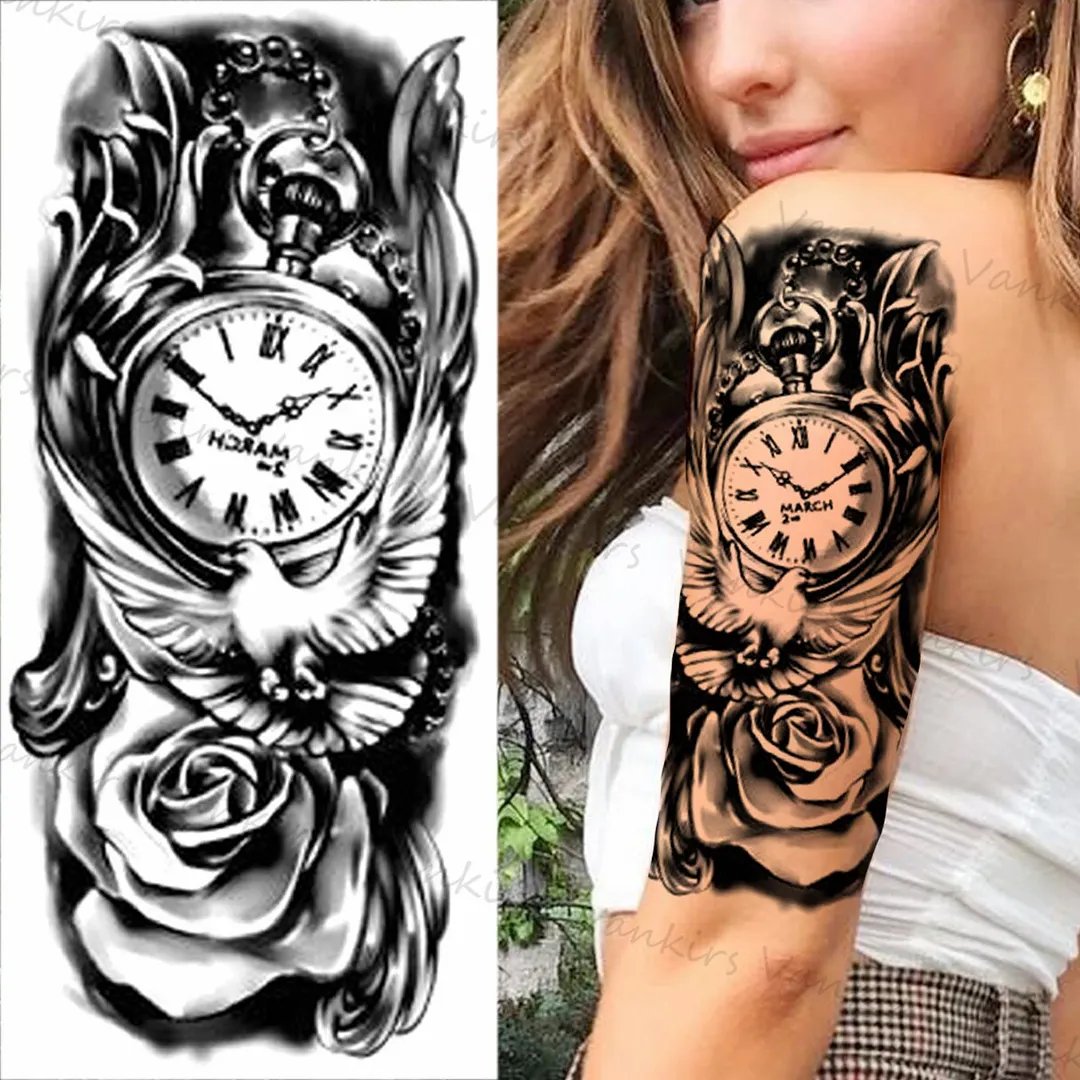 Sdrawing Lion Crown Temporary Tattoos For Women Men Wolf Compass Tiger Mountain Flower Fake Tattoo Sticker Arm Body Tatoos