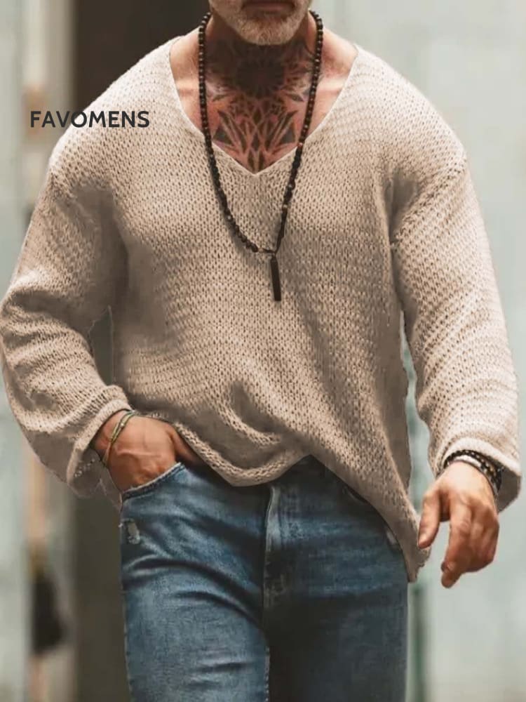 Men&rsquo;s V-Neck Solid Color Long Sleeve Knitted Top Khaki / M