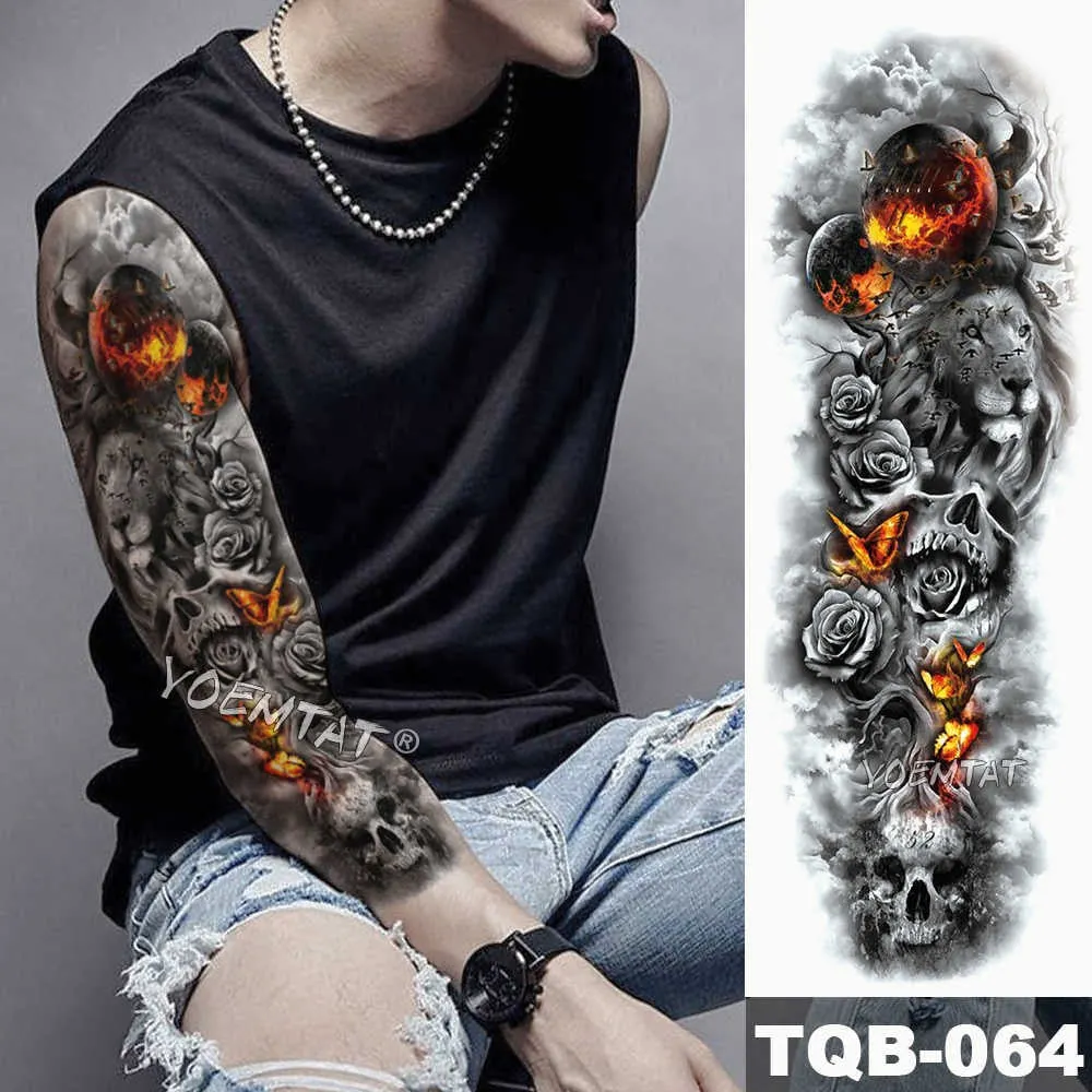 Large Arm Sleeve Tattoo Sketch Lion Tiger Waterproof Temporary Tattoo Sticker Crow Warrior Soldier Men Full Skull Totem Tattoo