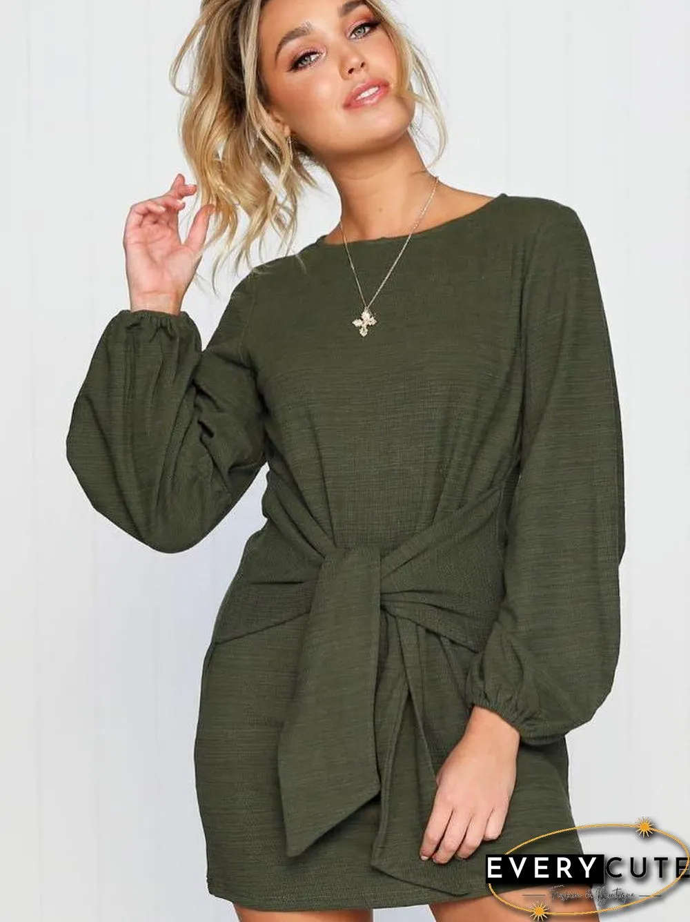 Long Sleeves Round Neck Waist Wrap Mini Dress