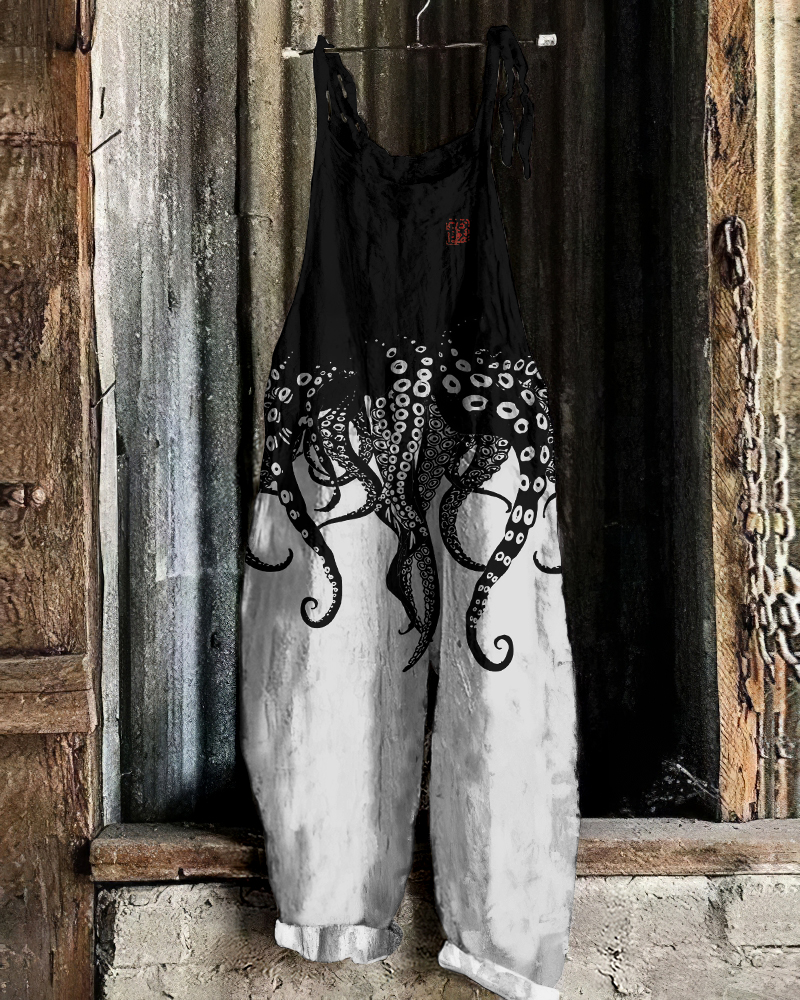 Vintage Japanese Art Octopus Legs Print Casual Linen Blend Loose Jumpsuit