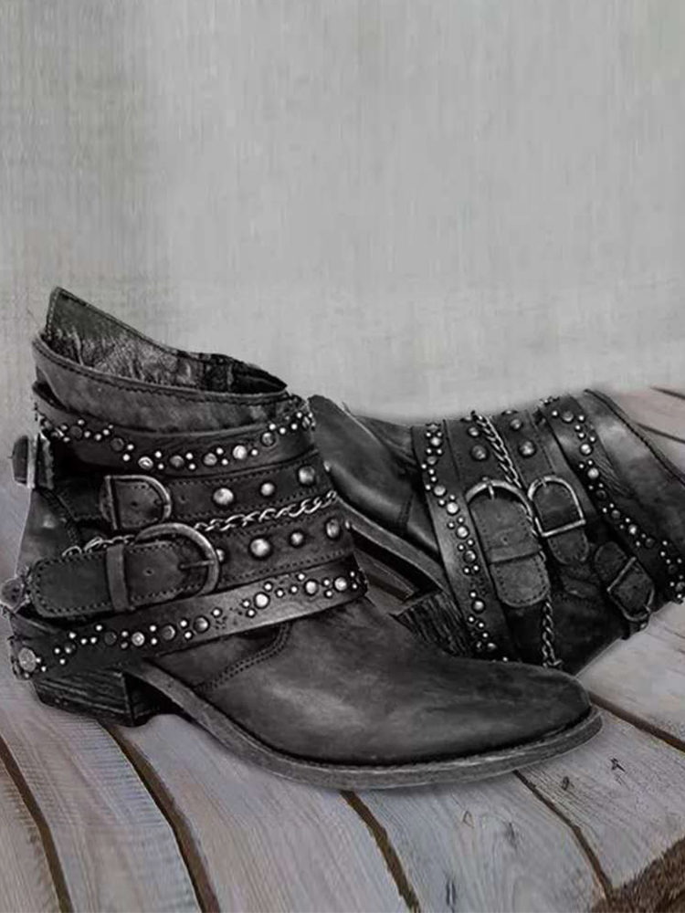 Vintage Washed Studded Buckles Ankle Boots elevenforest