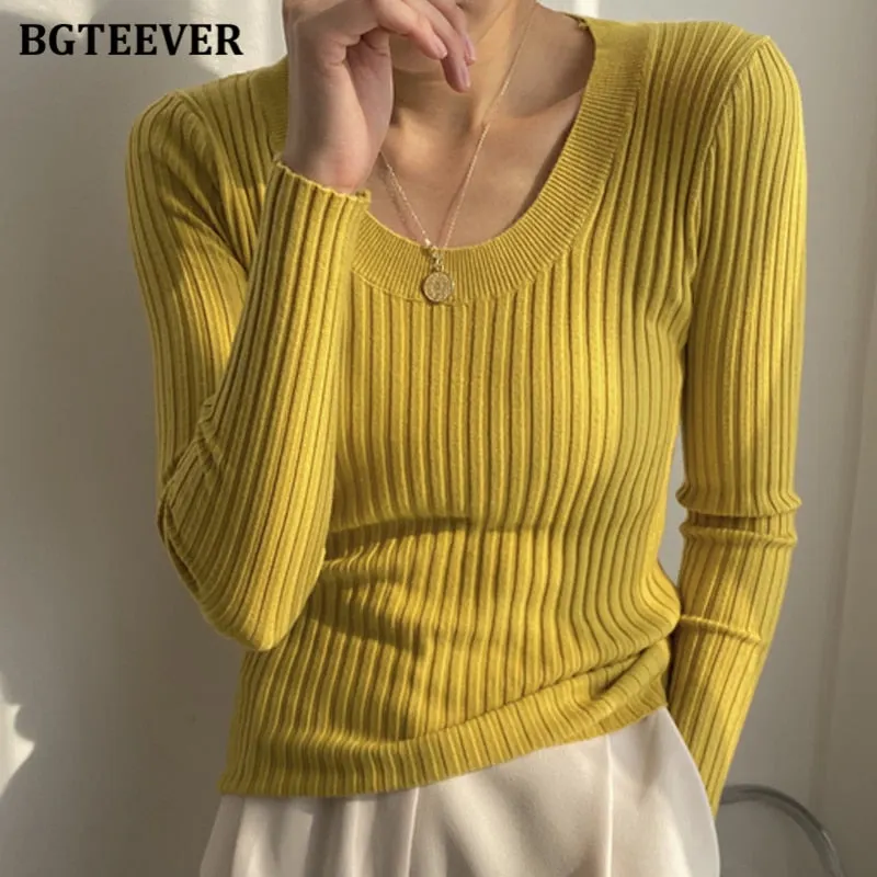 BGTEEVER Autumn Deep O-neck Women Basic Slim Warm Knitted Tops Casual Skinny Stretch Long Sleeve Female Pullover Sweaters 2020