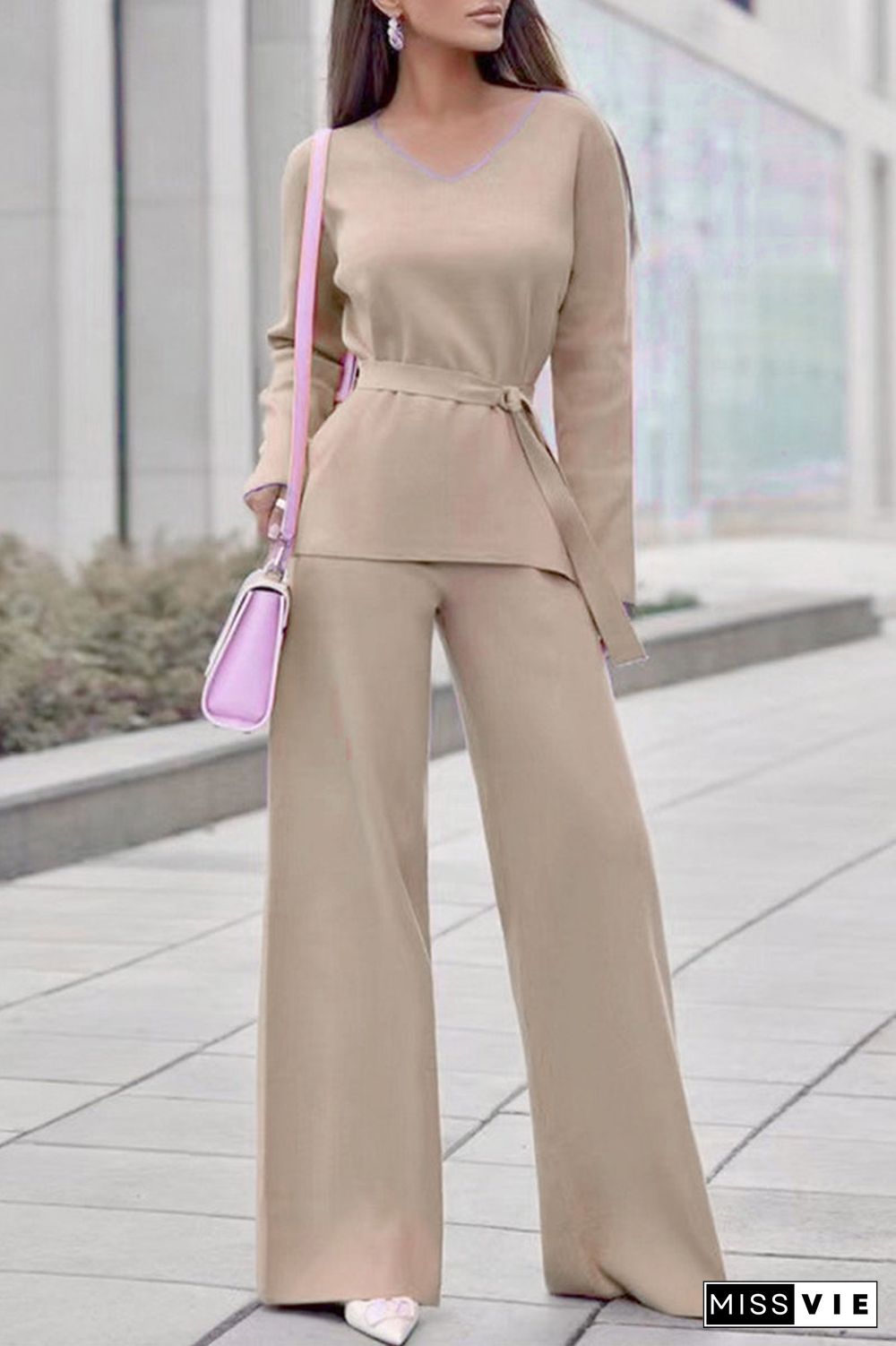 Casual Simplicity Solid Bandage V Neck Long Sleeve Two Pieces