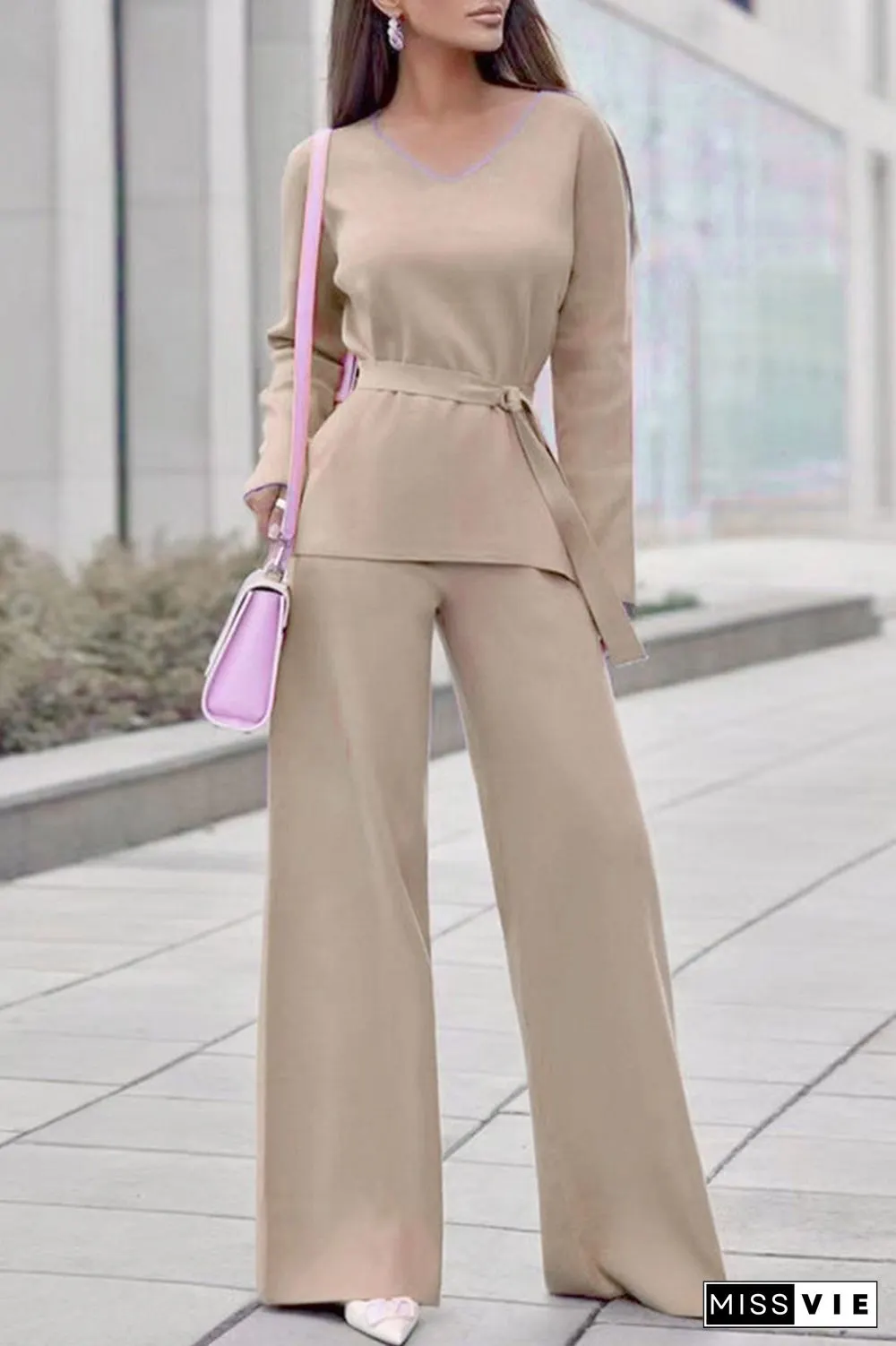 Casual Simplicity Solid Bandage V Neck Long Sleeve Two Pieces