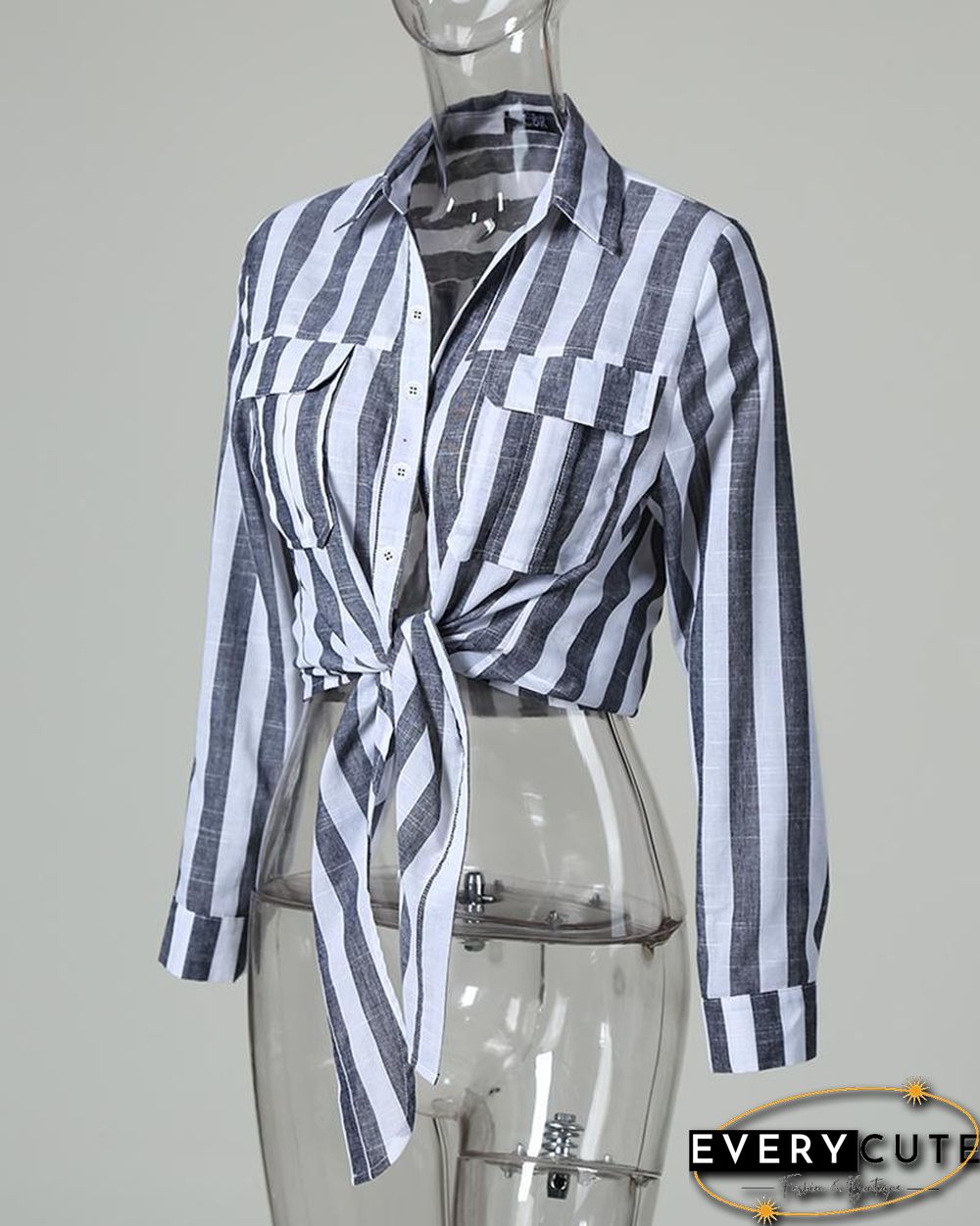 Striped Knotted Detail Pocket Blouse P15572