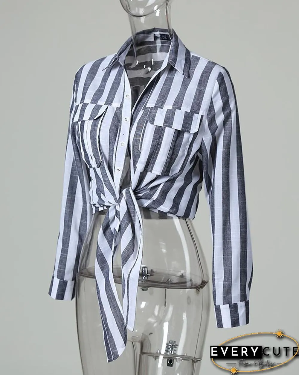 Striped Knotted Detail Pocket Blouse P15572