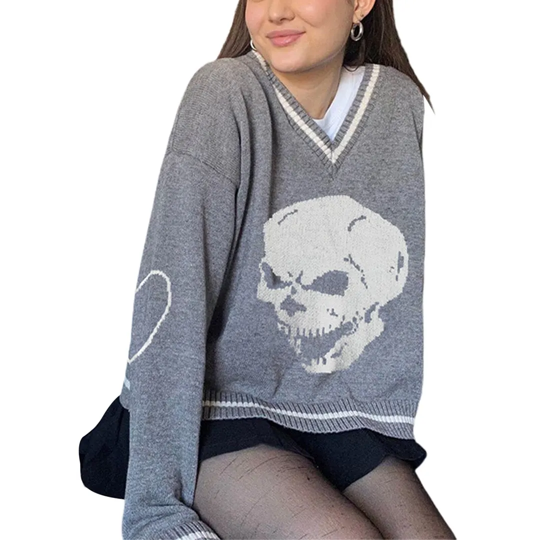 Gothic V-neck Sweater Loose Long Sleeve Shopping Daily Knitwear Women Skull Demon Print Pullover Fashion Y2K Jumper Streetwear