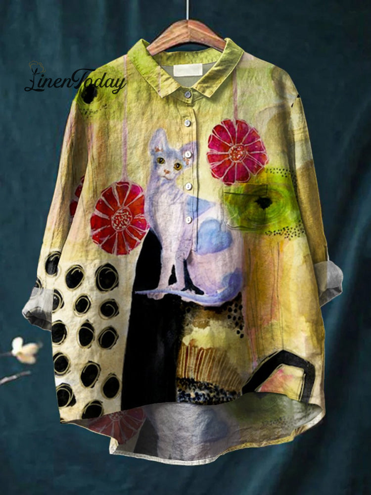 Women&rsquo;s Funny Cat Art Print Casual Cotton And Linen Shirt Multicolor / S