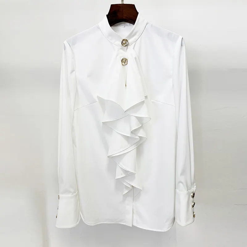 Nigikala Nigikala New Star Fashion Simple Repair Wood Ear Lotus Side With White Long-Sleeved Shirt