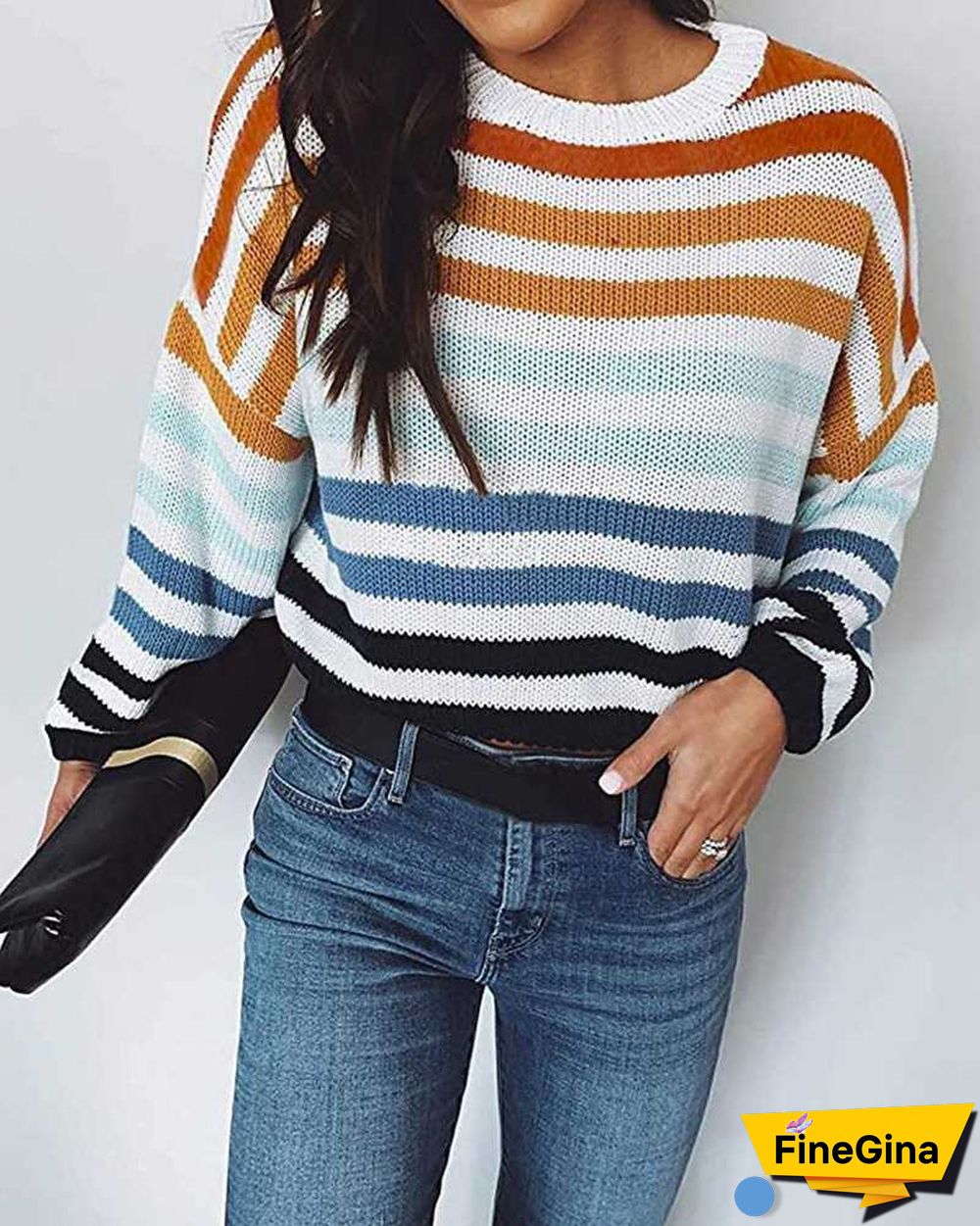 Blocked Colorful Stripes Cropped Turtleneck Sweater Long Sleeve