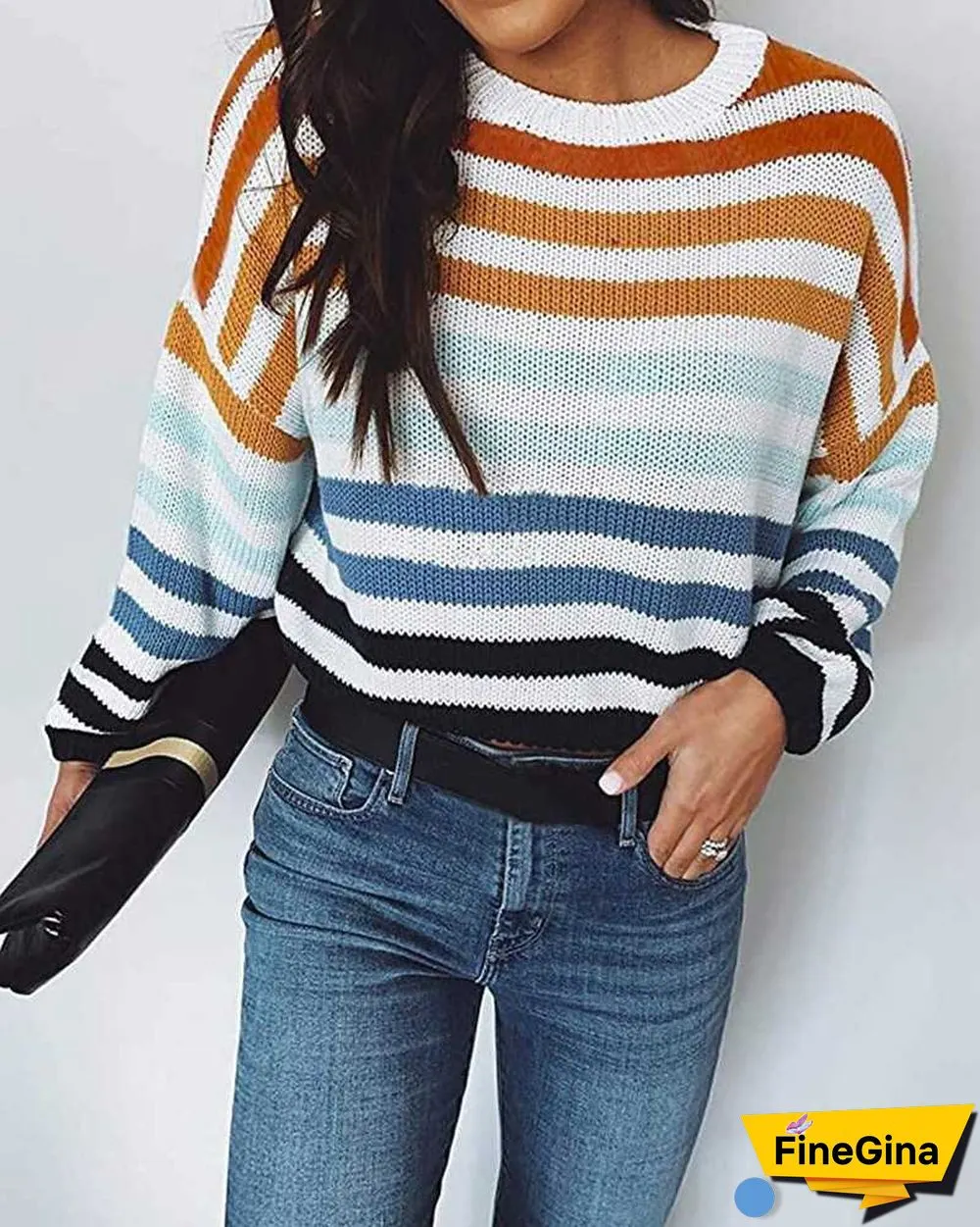 Blocked Colorful Stripes Cropped Turtleneck Sweater Long Sleeve