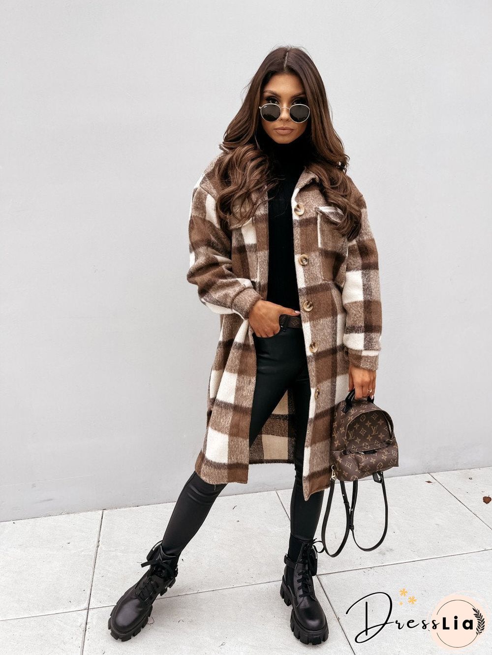 Autumn Winter Long Sleeve Plaid Print Coat