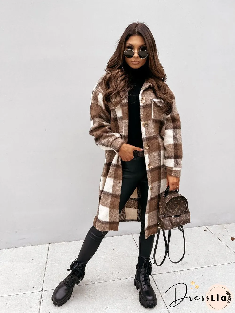 Autumn Winter Long Sleeve Plaid Print Coat