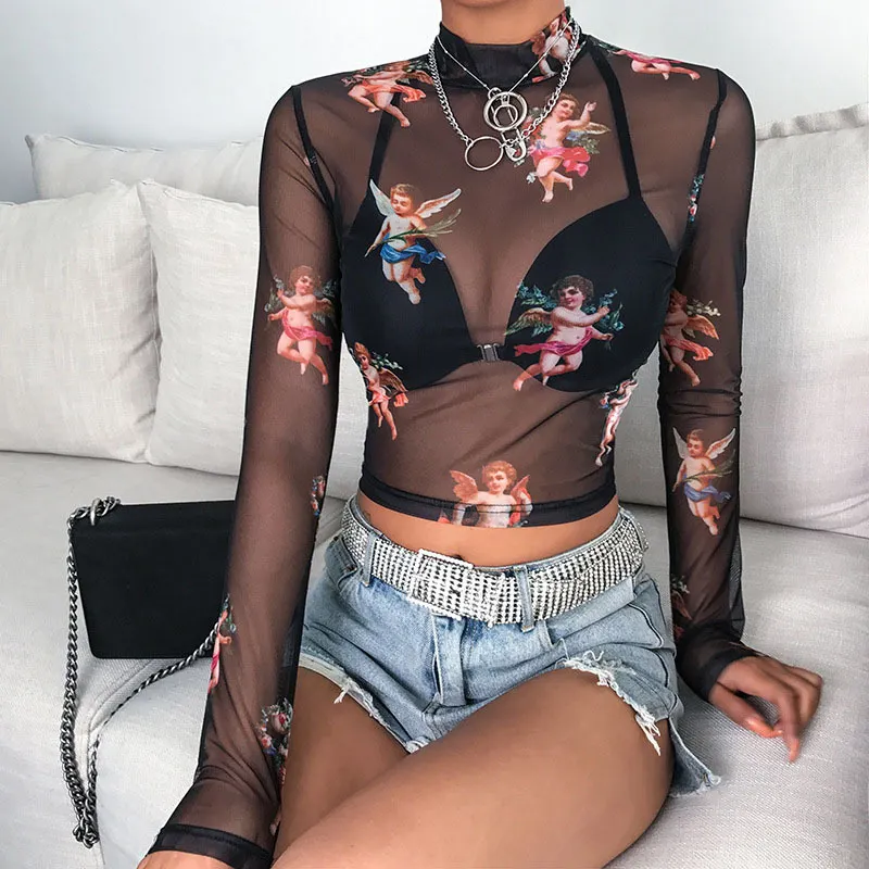 Churchf Churchf Sleeve Cupid Print T-Shirt Girl Autumn Burst Half High Collar Mesh Crop Street Top Girl