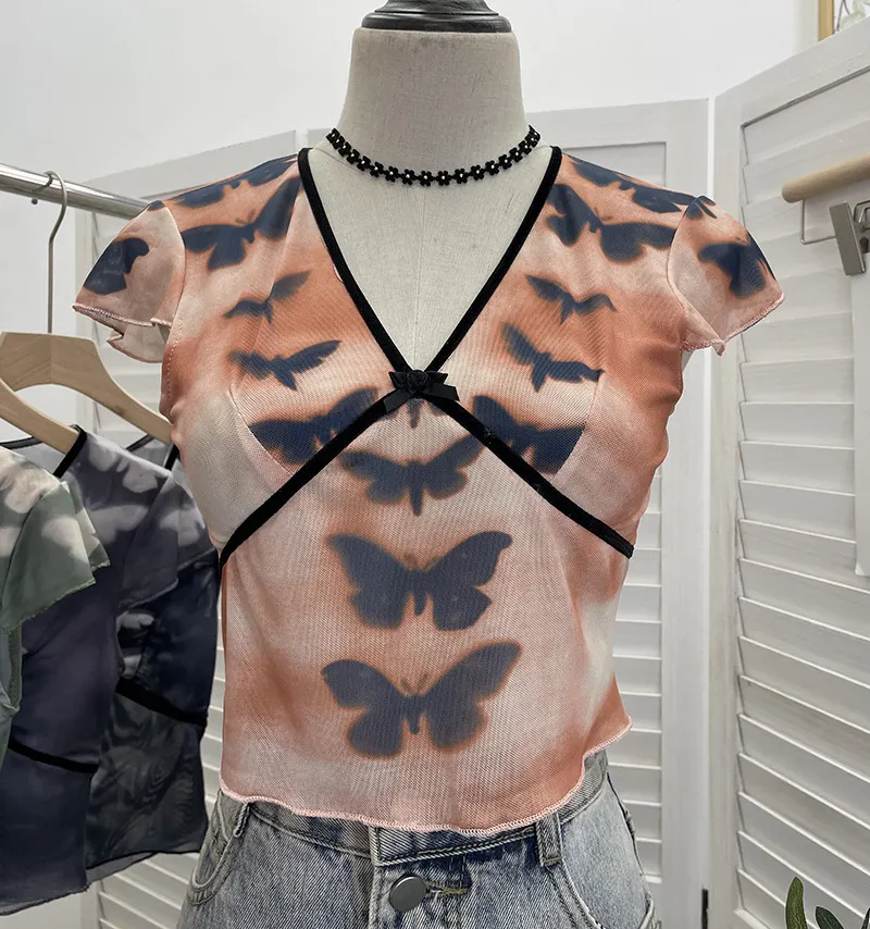 Churchf Sexy Hottie V-Neck Butterfly Print Short-Sleeved T-Shirt Slime Short-Navel Net T-Shirt Girl 9920