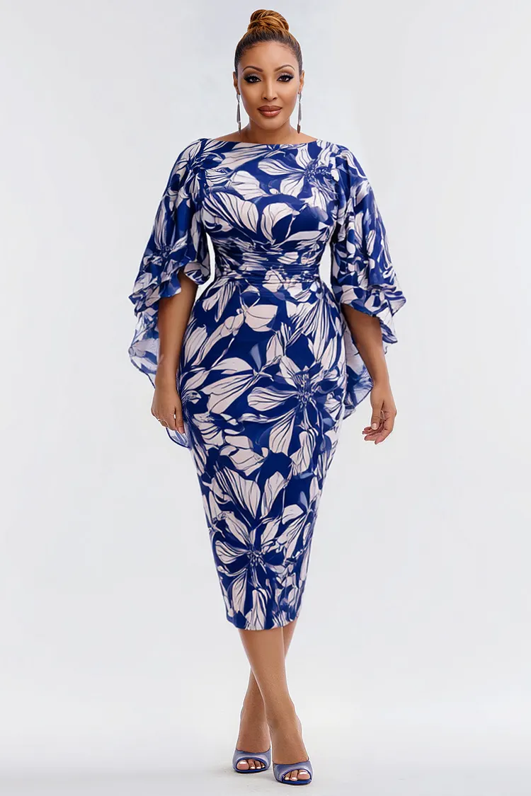 Xpluswear Design Plus Size Wedding Guest Blue Floral Round Neck Flare Half Sleeve Ruffle Bodycon Midi Dresses 2024 - Xpluswear